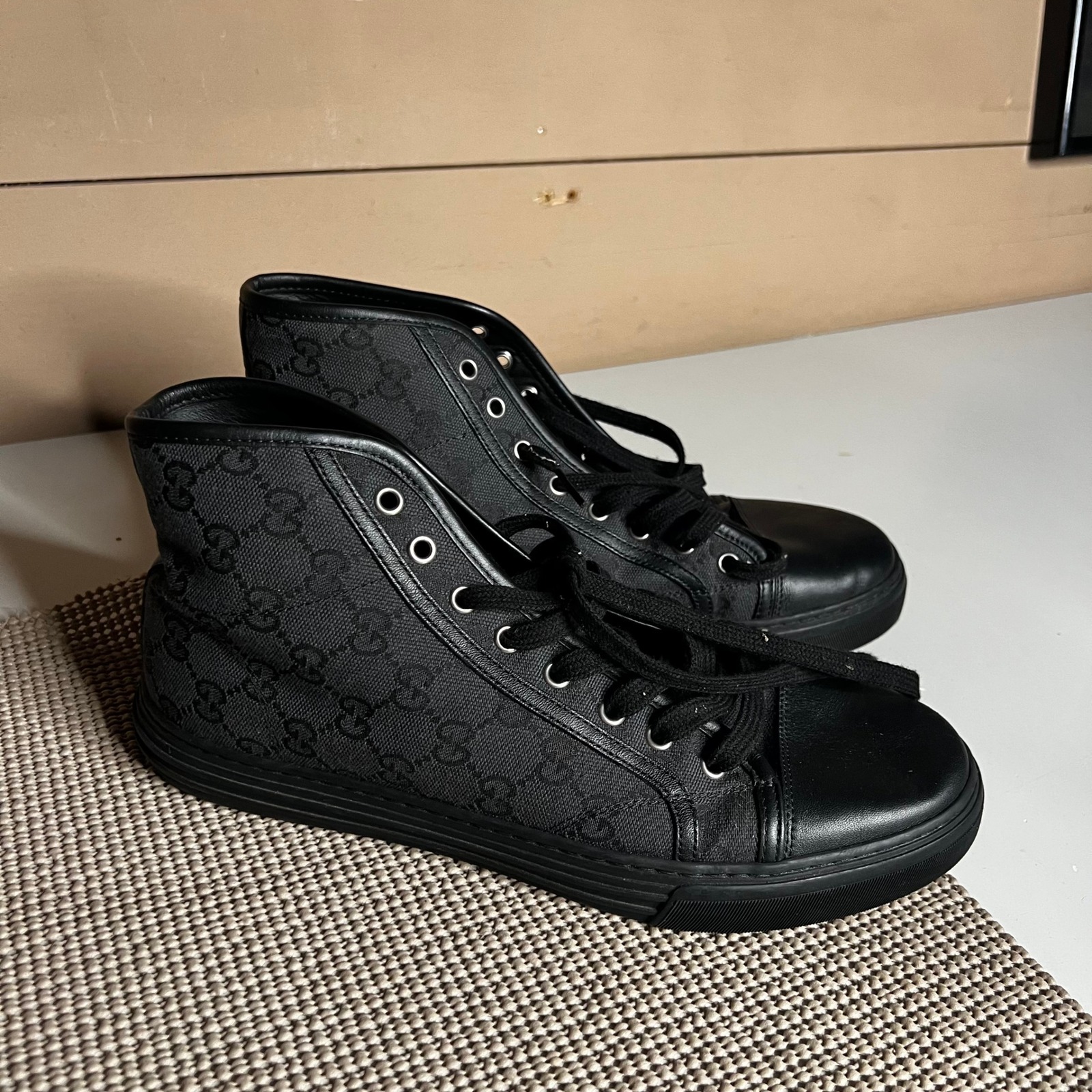 Gucci Mens Black Gg Monogram High Top Sneakers 426188 Size 8 Made In Italy
